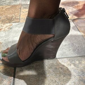 Grey Leather Wedge Sandals